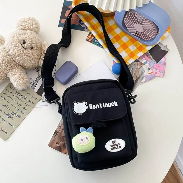 Mini Nylon Crossbody Bag with Bear Pendant & Adjustable Strap Black color SKU reference