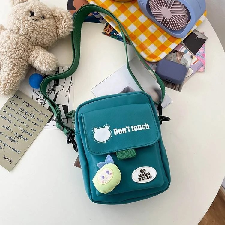 Mini Nylon Crossbody Bag with Bear Pendant & Adjustable Strap Green color SKU reference