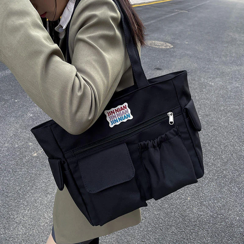 Color-Block Oxford Multi-Pocket Shoulder Tote Black color SKU reference