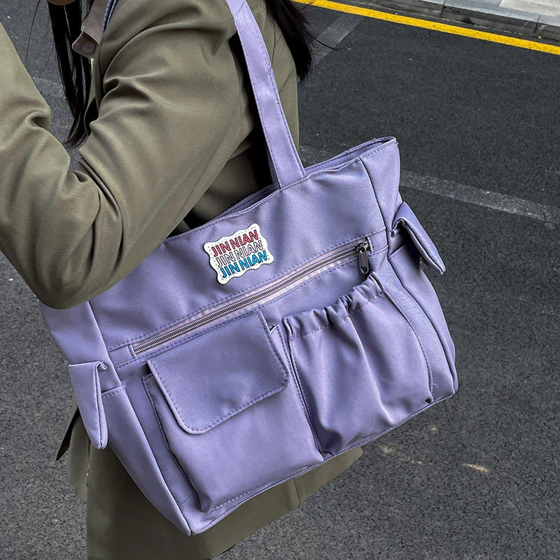 Color-Block Oxford Multi-Pocket Shoulder Tote Purple color SKU reference