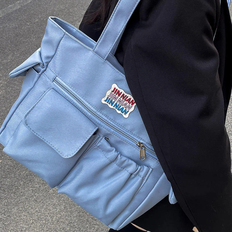 Color-Block Oxford Multi-Pocket Shoulder Tote Blue color SKU reference