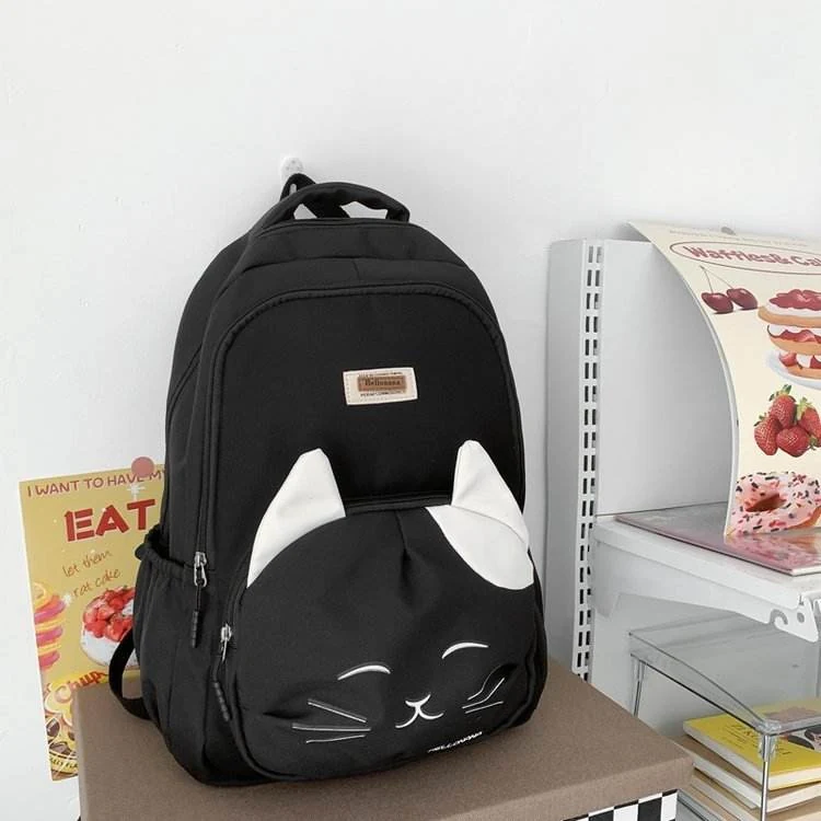 Oxford School Backpack with Cartoon Cat Print & Doll Pendant product reference image