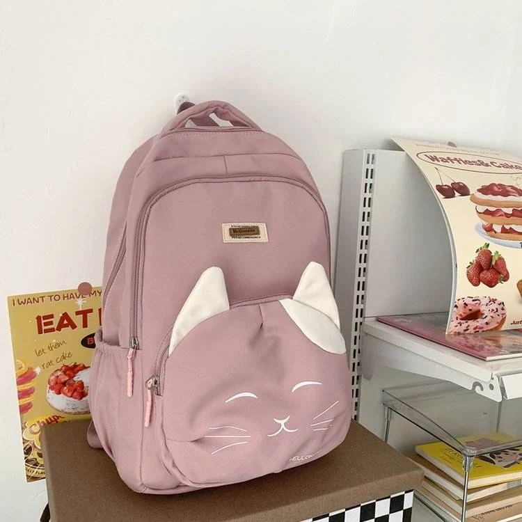Oxford School Backpack with Cartoon Cat Print & Doll Pendant Pink color SKU reference