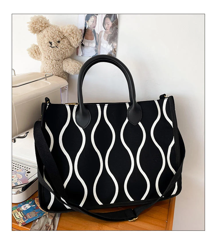 Vintage Canvas Tote Bag with Zip Closure & Removable Strap Black color SKU reference