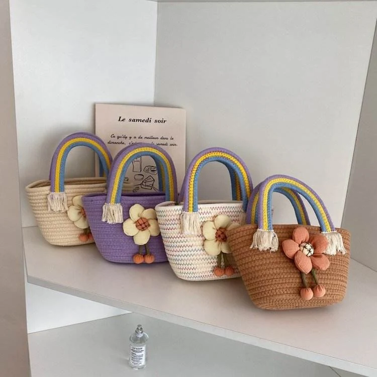 Mini Straw Tote with Rainbow Woven Handles & Flower Detail product reference image