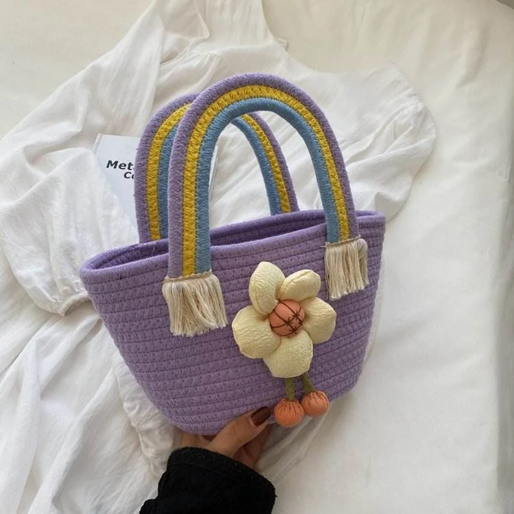 Mini Straw Tote with Rainbow Woven Handles & Flower Detail Purple color SKU reference