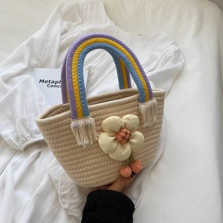 Mini Straw Tote with Rainbow Woven Handles & Flower Detail White color SKU reference