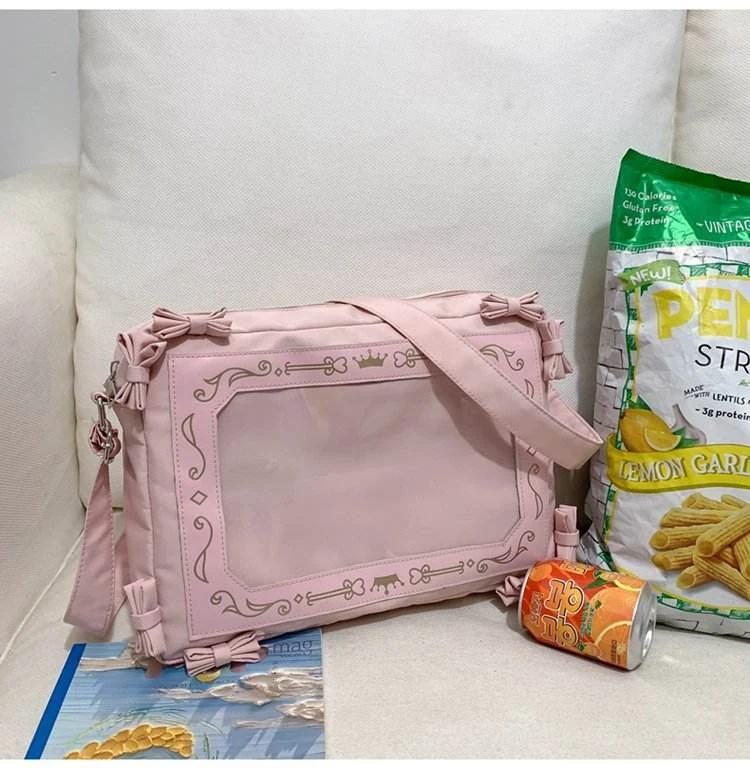 Nylon Crossbody Bag with Clear Window & Bow Detail Pink color SKU reference