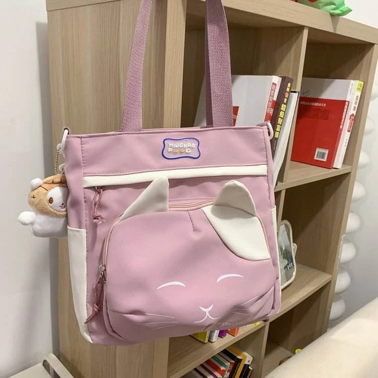 Cat-Pattern Crossbody Bag with Doll Pendant Pink color SKU reference