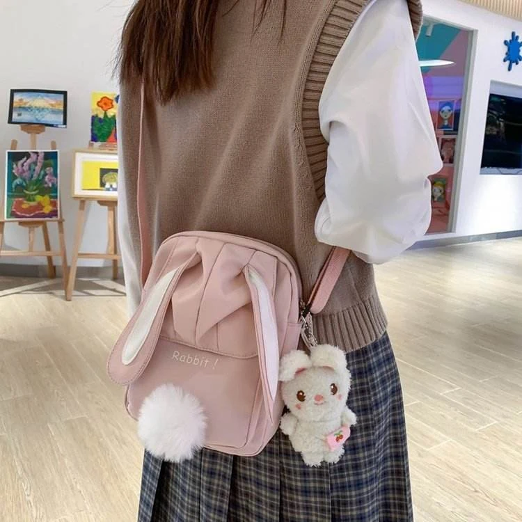 Nylon Crossbody Bag with Embroidered Rabbit & Plush Tail product reference image