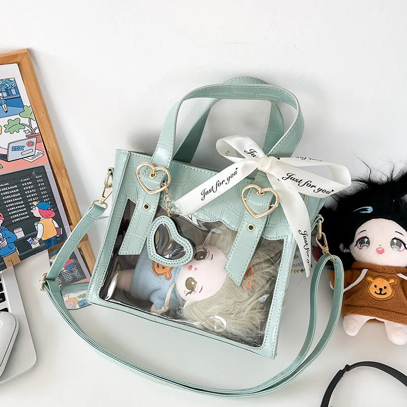 PU Crossbody Bag with Clear Window & Heart Hardware Green color SKU reference