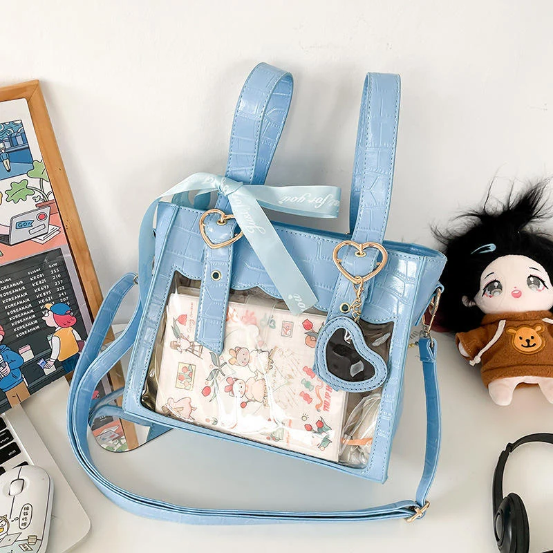 PU Crossbody Bag with Clear Window & Heart Hardware Blue color SKU reference