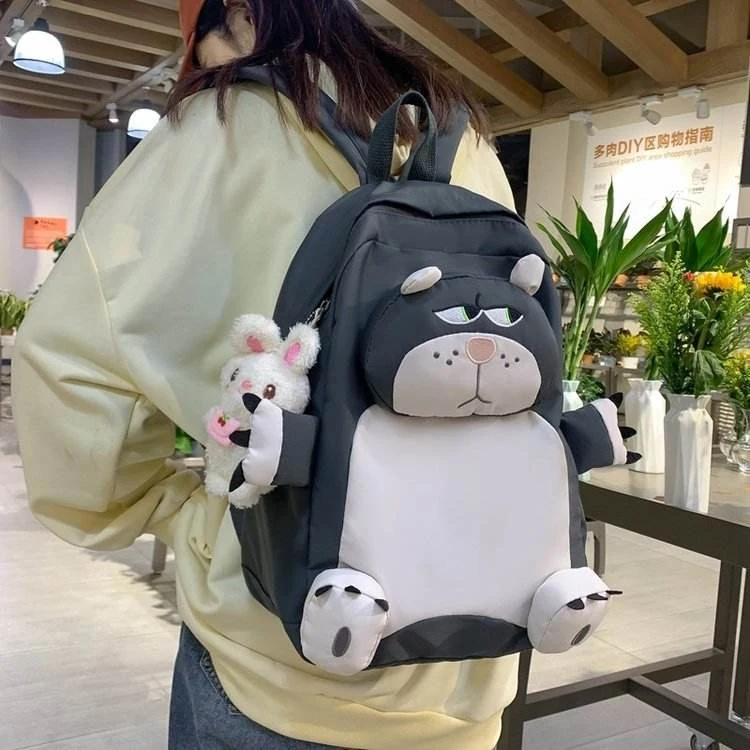 Nylon Backpack with Bear Doll & Bunny Details Gray color SKU reference
