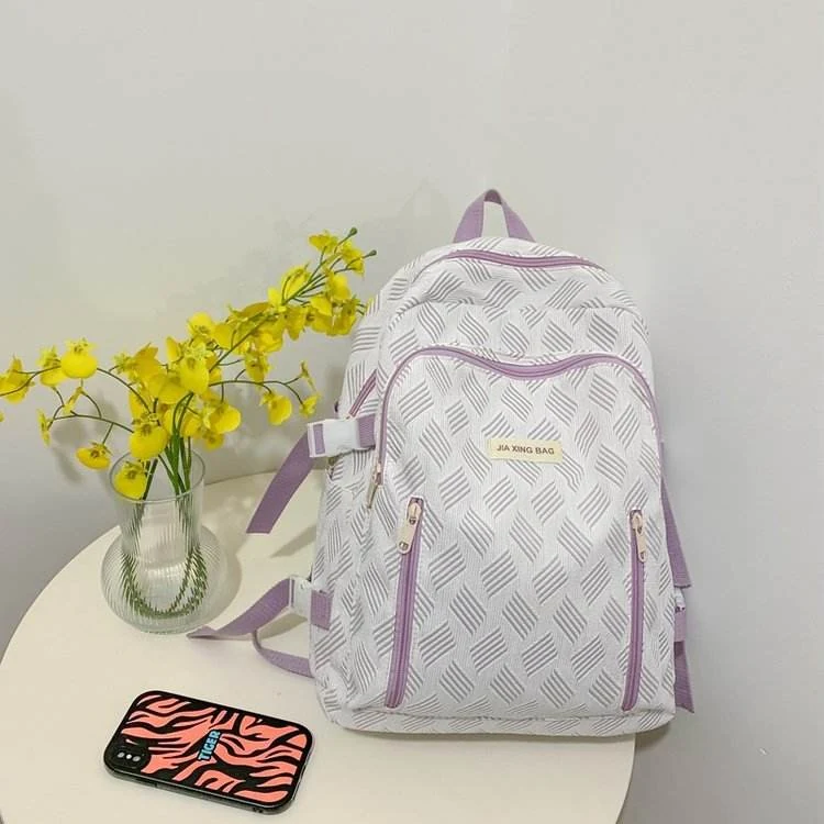 Striped School Backpack with Doll Pendant & Multi-Pocket Storage Purple color SKU reference