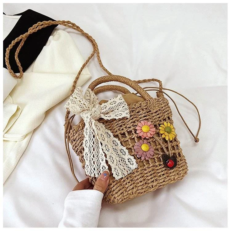 Woven Straw Mini Crossbody Bag with Floral Bow Detail Khaki color SKU reference