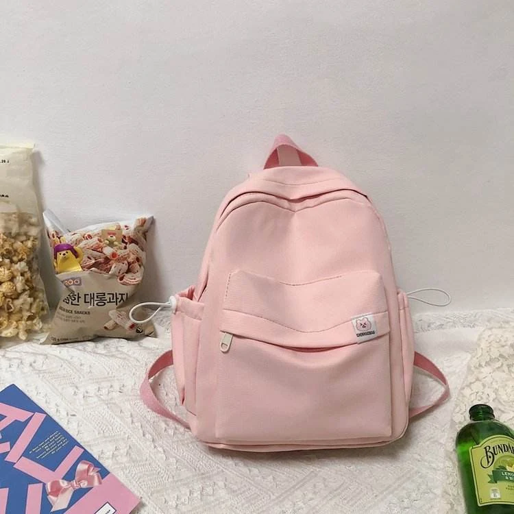 Nylon Drawstring Backpack with Bear Pendant & Back Pocket Pink color SKU reference
