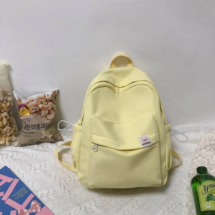 Nylon Drawstring Backpack with Bear Pendant & Back Pocket Yellow color SKU reference