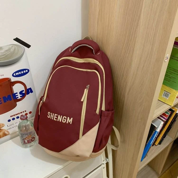Nylon School Backpack with Plush Pendant & Side Pockets Red color SKU reference