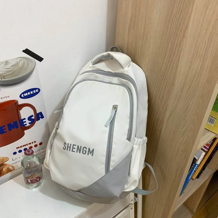 Nylon School Backpack with Plush Pendant & Side Pockets White color SKU reference