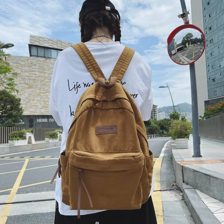 Canvas Drawstring School Backpack with Rear Zip Pocket Khaki color SKU reference