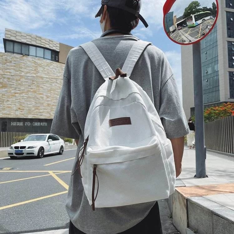 Canvas Drawstring School Backpack with Rear Zip Pocket White color SKU reference