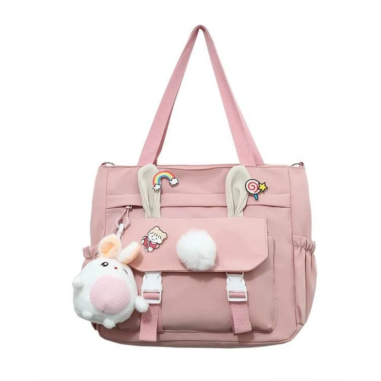 Rabbit-Ear Nylon Shoulder Bag with Rabbit Pendant Pink color SKU reference