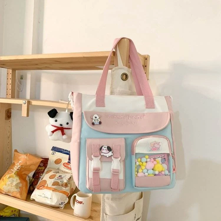 Nylon Multi-Pocket Shoulder Bag with Puppy Pendant Pink color SKU reference