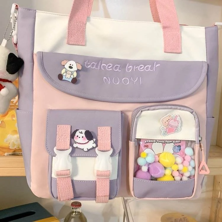 Nylon Multi-Pocket Shoulder Bag with Puppy Pendant Purple color SKU reference