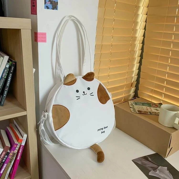 Cat-Shaped Nylon Shoulder Bag with Plush Tail Detail White color SKU reference