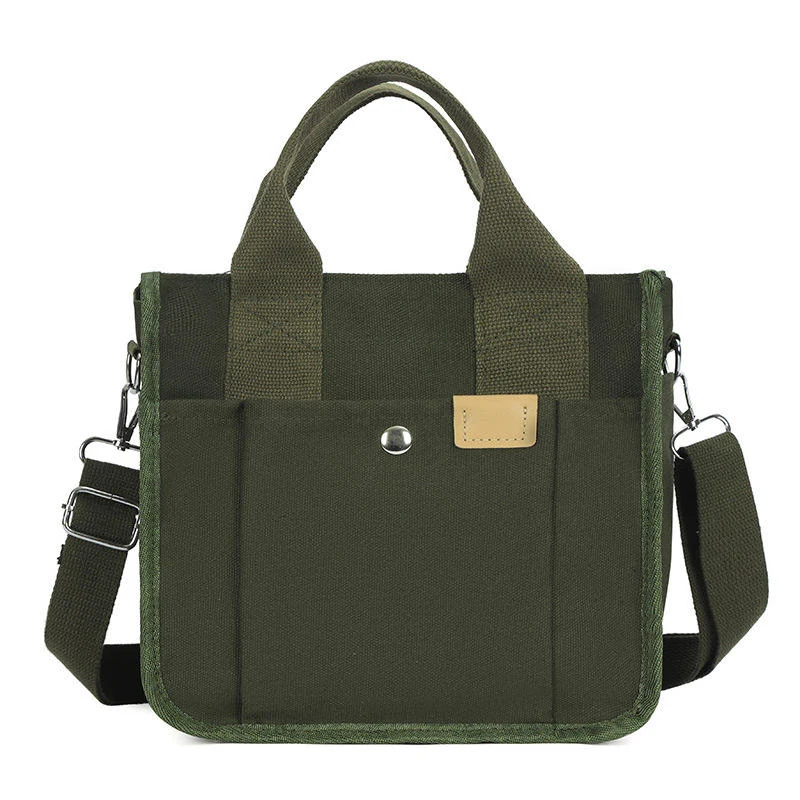 Layered Canvas Tote Bag with Multi-Pocket Storage Green color SKU reference