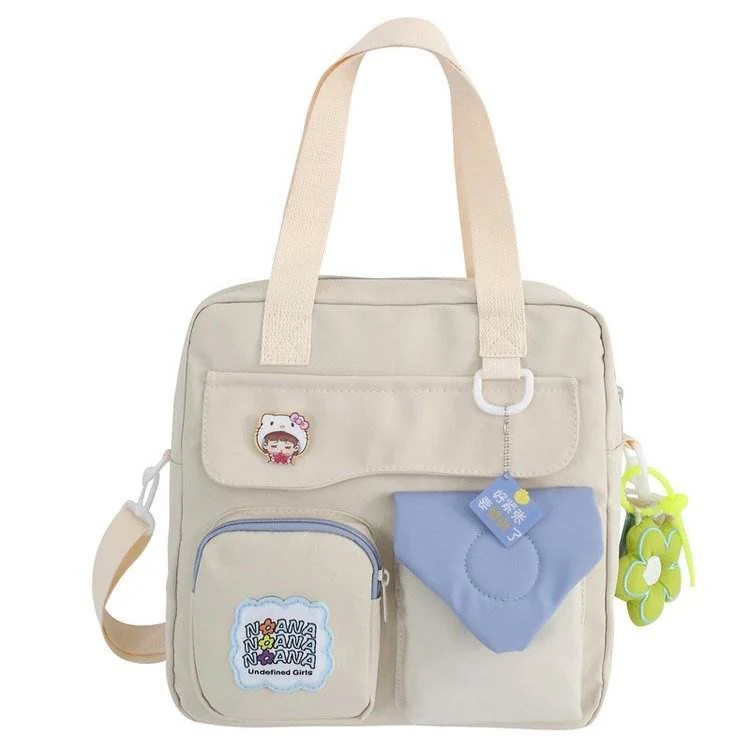 Nylon Multi-Pocket Crossbody Bag with Flower Pendant White color SKU reference