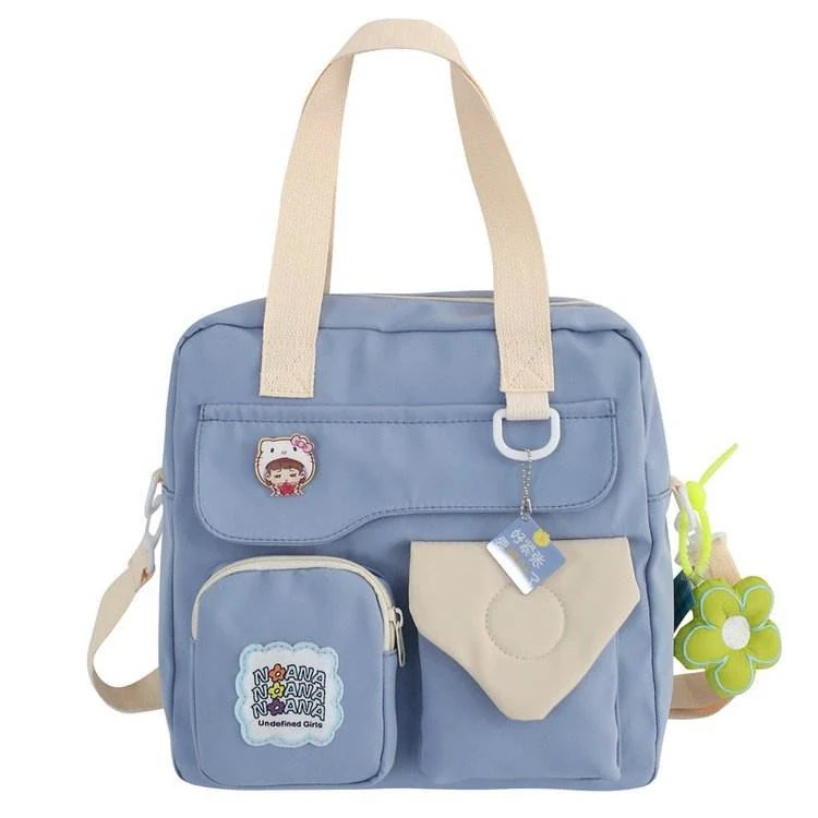 Nylon Multi-Pocket Crossbody Bag with Flower Pendant Blue color SKU reference