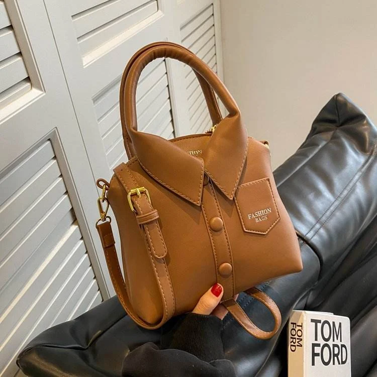 Collar-Inspired PU Shoulder Bag with Adjustable Strap Khaki color SKU reference