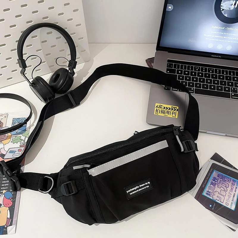 Nylon Waist Bag with Reflective Stripes and Multi-Compartment Storage Black color SKU reference