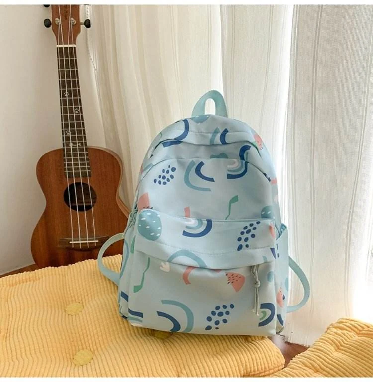 Printed Nylon Multi-Pocket Student Backpack Light green color SKU reference
