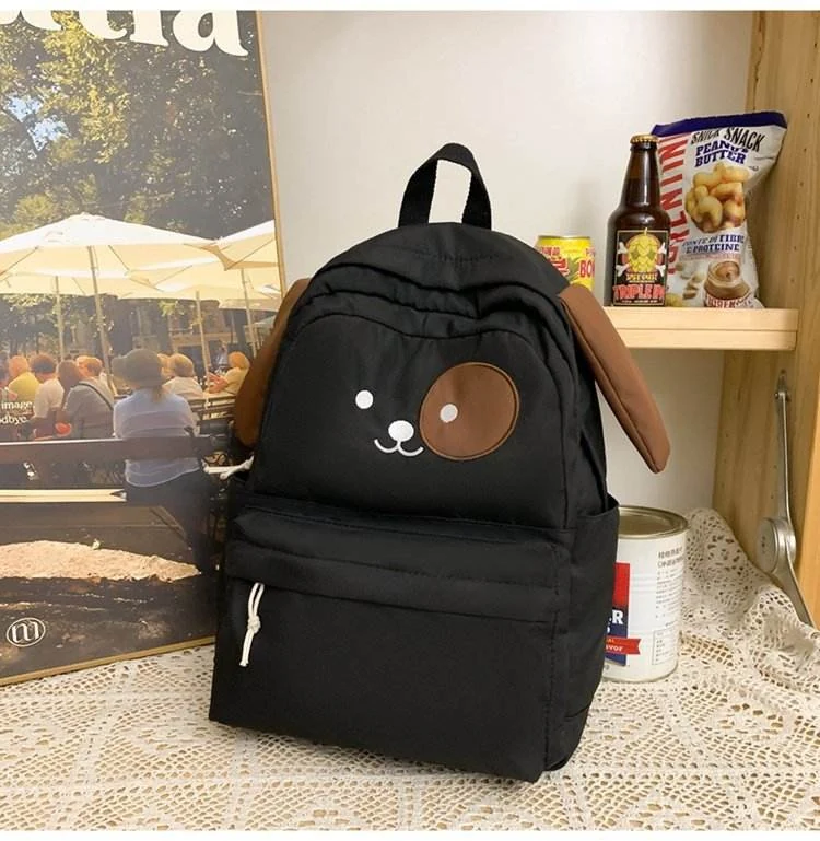 Cartoon Embroidered Nylon Student Backpack Black color SKU reference