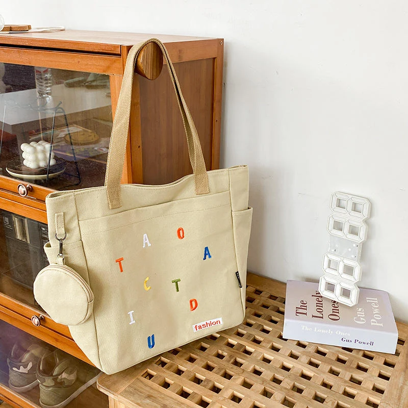 Canvas Letter-Embroidery Tote Bag with Zip Closure Dark khaki color SKU reference