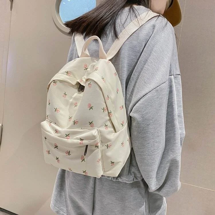 Cute Floral Print Nylon School Backpack with Adjustable Shoulder Straps Variant 2 color SKU reference