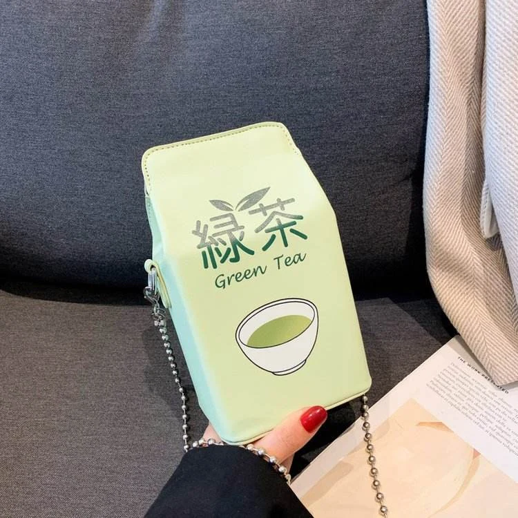 Milk-Coffee Carton PU Novelty Crossbody Bag Light green color SKU reference
