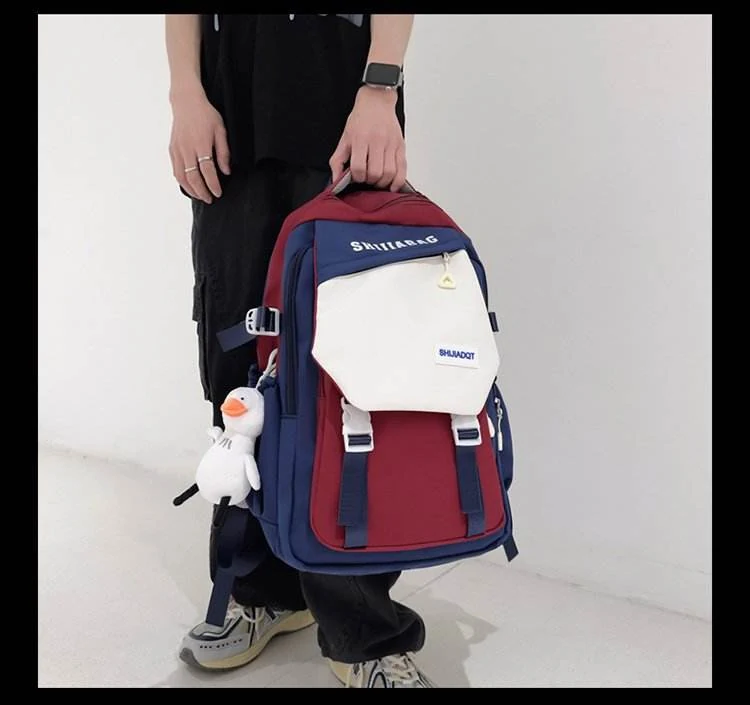 Color-Block Nylon Student Backpack with Plush Pendant Deep blue color SKU reference