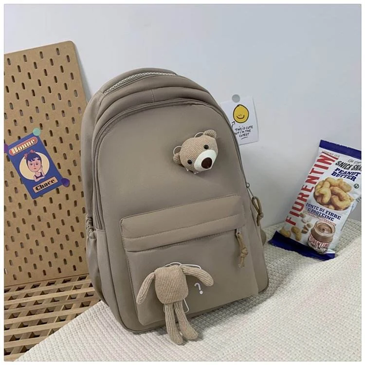 Bear-Pendant Nylon Student Backpack Dark khaki color SKU reference
