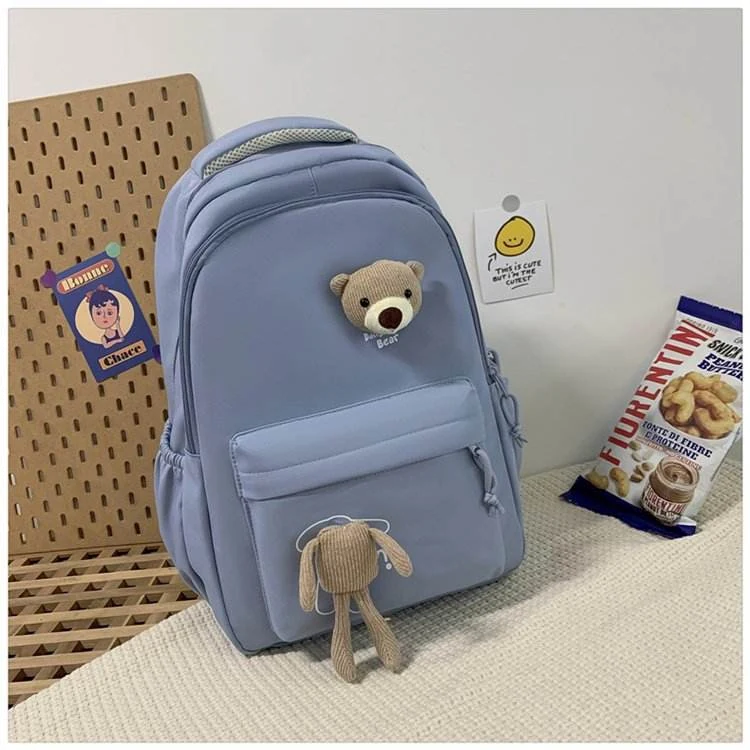 Bear-Pendant Nylon Student Backpack Sky blue color SKU reference