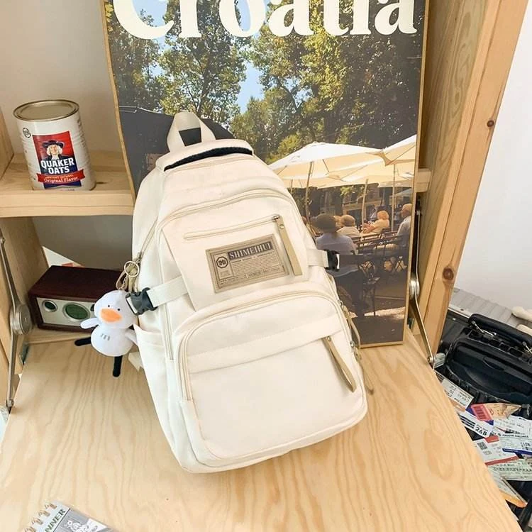 Duck-Pendant Nylon Student Backpack White color SKU reference