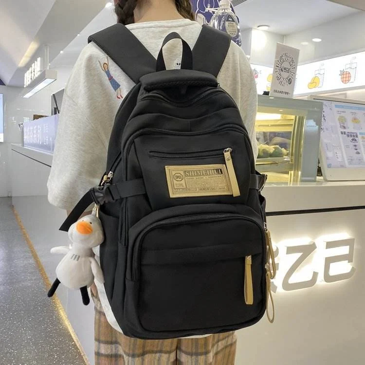 Duck-Pendant Nylon Student Backpack Black color SKU reference