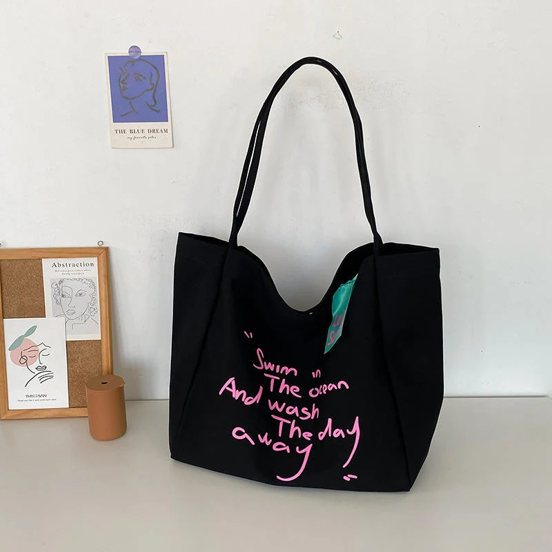 Letter-Print Everyday Tote with Magnetic Closure Black color SKU reference