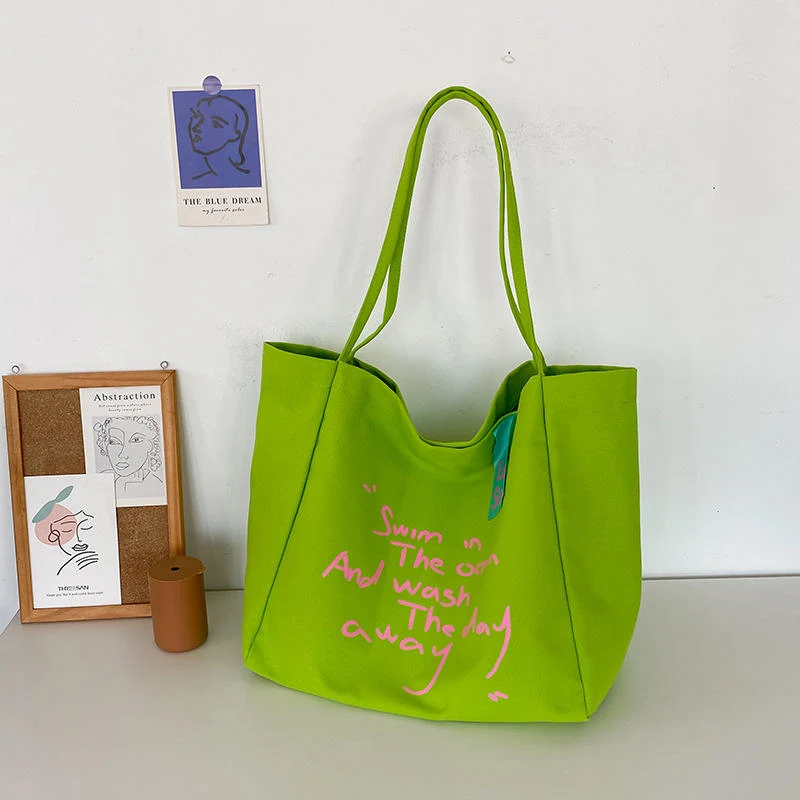 Letter-Print Everyday Tote with Magnetic Closure Green color SKU reference
