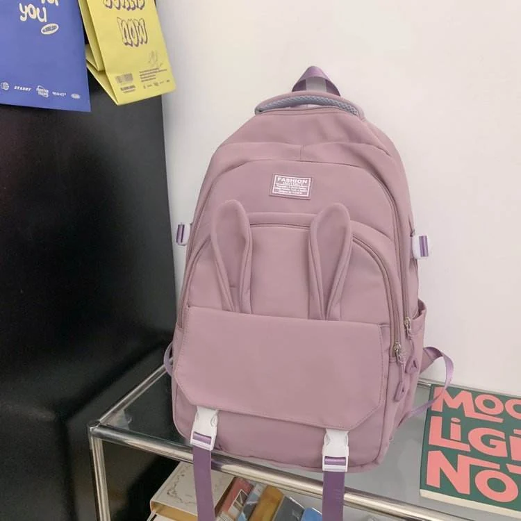 Bunny-Ear Student Backpack with Duck Plush Pendant Purple color SKU reference
