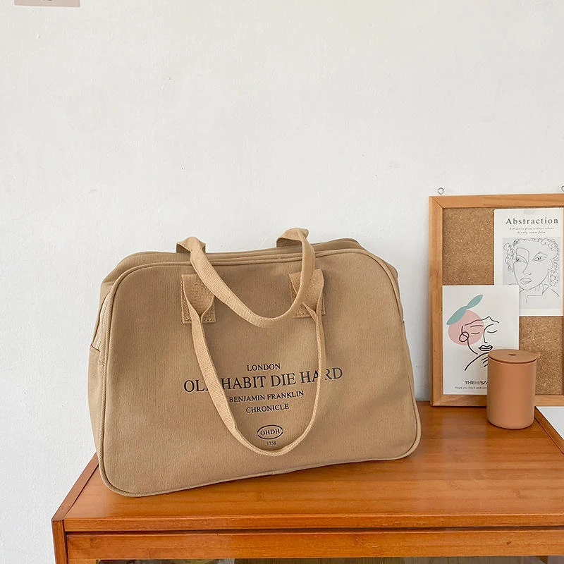 Canvas Letter-Print Travel Tote Bag Dark khaki color SKU reference