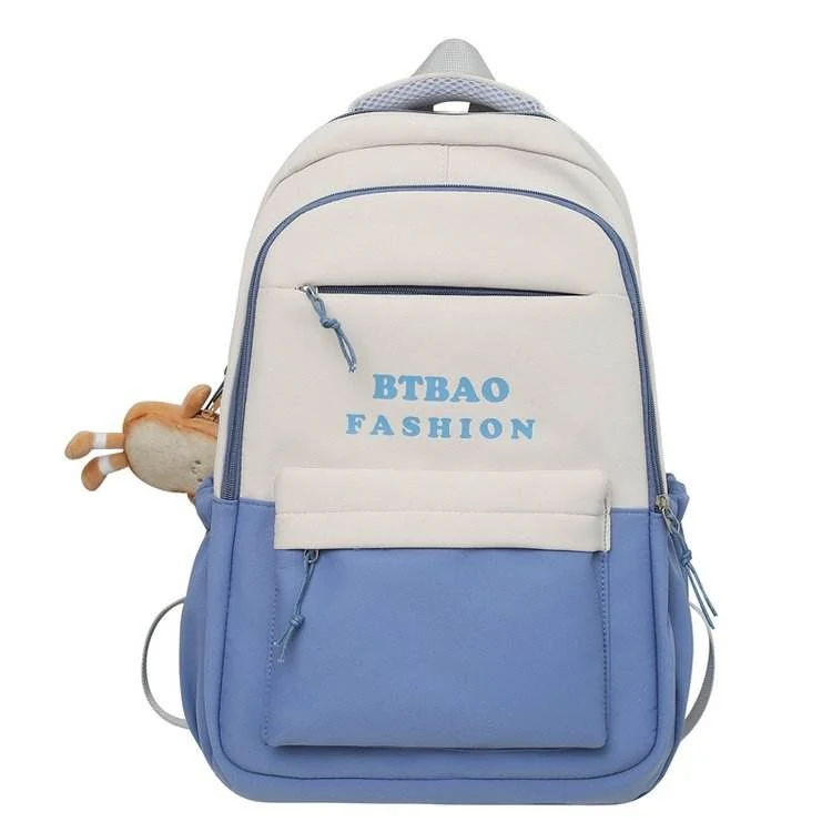 Color-Block Student Backpack with Toast Plush Pendant Sky blue color SKU reference