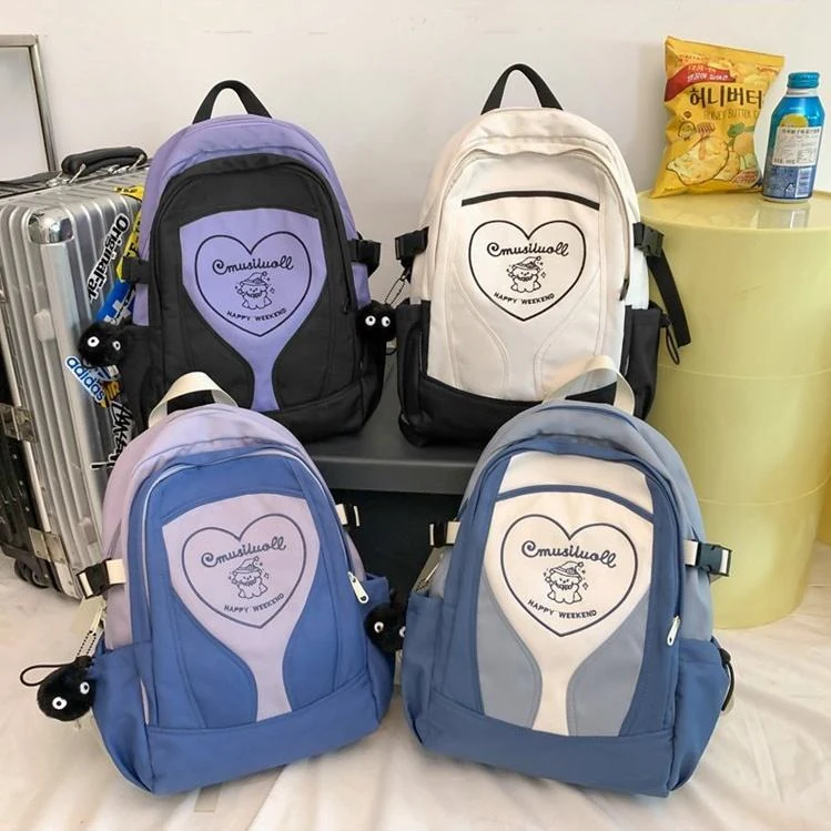 Color-Block Student Backpack with Plush Doll Pendant product reference image